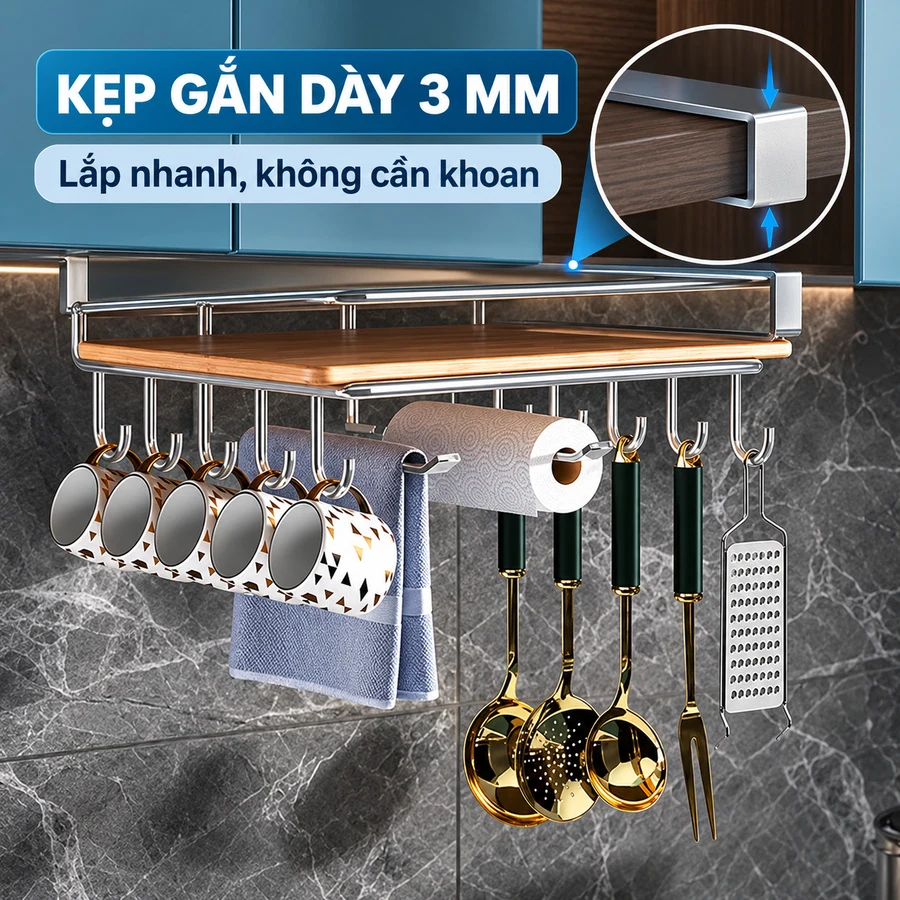 Kệ Treo Dưới Tủ Bếp Thép Không Gỉ 27 x 13.5 cm, Màu Bạc Kim Loại