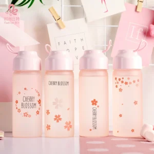 Bình Nước Thủy Tinh Mờ 350 ml In Hoa Anh Đào, Nắp Nhựa Vặn