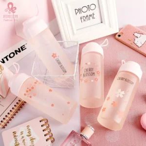 Bình Nước Thủy Tinh Mờ 350 ml In Hoa Anh Đào, Nắp Nhựa Vặn