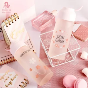 Bình Nước Thủy Tinh Mờ 350 ml In Hoa Anh Đào, Nắp Nhựa Vặn