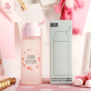 Bình Nước Thủy Tinh Mờ 350 ml In Hoa Anh Đào, Nắp Nhựa Vặn