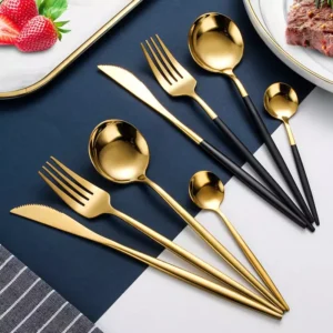 Bộ Dao Nĩa Muỗng Inox 4 Món Màu Vàng Kèm Hộp Quà, Giao Màu Cán Ngẫu Nhiên