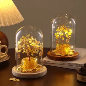 Cây Thạch Anh Vàng Trong Vòm Kính Có Đèn LED, Trang Trí Tết Để Bàn