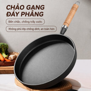 Chảo Gang 26cm Đế Bằng Đúc Nguyên Khối, Tay Cầm Gỗ, Dùng Được Bếp Từ