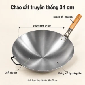 Chảo Sắt Truyền Thống 34cm Lòng Rộng, Không Phủ Chống Dính, Tay Cầm Gỗ