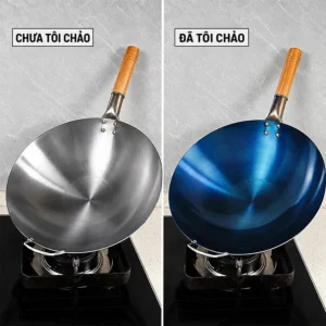 Chảo Sắt Truyền Thống 34cm Lòng Rộng, Không Phủ Chống Dính, Tay Cầm Gỗ