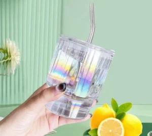 Cốc Thủy Tinh Ánh Cầu Vồng Có Nắp Và Ống Hút, Dung Tích Khoảng 450–500 ml