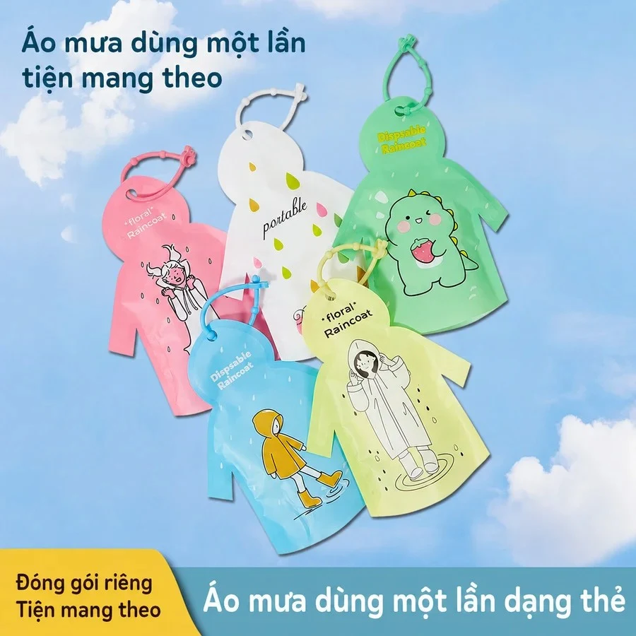 Combo 5 Áo Mưa Dùng 1 Lần Túi Mini - 5 màu dạng thẻ treo
