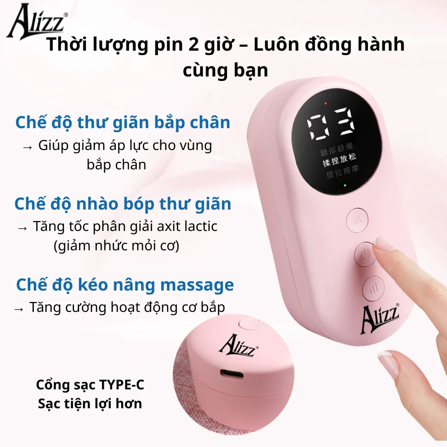 Đai quấn massage chân ALIZZ AL-14159 với bảng điều khiển hiển thị số chế độ và thời lượng pin