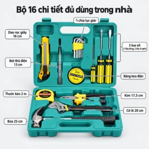 Bộ Dụng Cụ Sửa Chữa Đa Năng 16 Chi Tiết Kèm Hộp Xách Tay: Búa, Kìm, Cờ Lê, Tua Vít