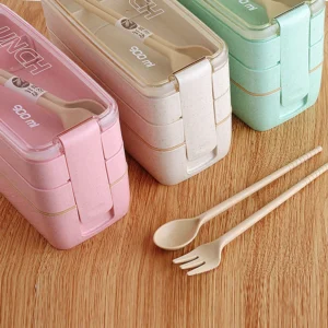 Hộp Cơm Lúa Mạch 3 Tầng 900 ml Có Khóa Gài, 18 x 8 x 11 cm, Giao Màu Ngẫu Nhiên