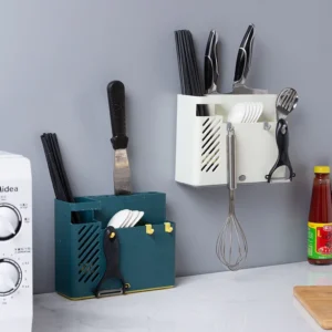 Kệ Đựng Đũa Muỗng Dán Tường Kèm 4 Móc Treo