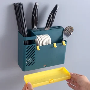 Kệ Đựng Đũa Muỗng Dán Tường Kèm 4 Móc Treo