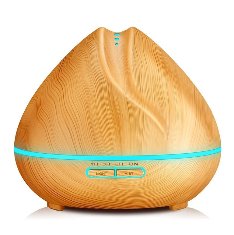Máy Khuếch Tán Tinh Dầu Vân Gỗ Dáng Búp Sen, Đèn LED 7 Màu, Kèm Remote