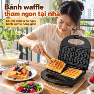 Máy Làm Bánh Waffle 800W Khuôn Ô Vuông, Thân Kim Loại Gập Gọn
