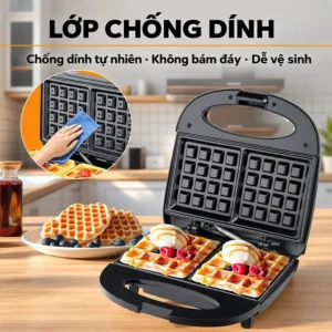 Máy Làm Bánh Waffle 800W Khuôn Ô Vuông, Thân Kim Loại Gập Gọn
