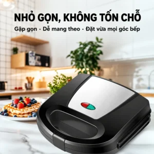 Máy Làm Bánh Waffle 800W Khuôn Ô Vuông, Thân Kim Loại Gập Gọn