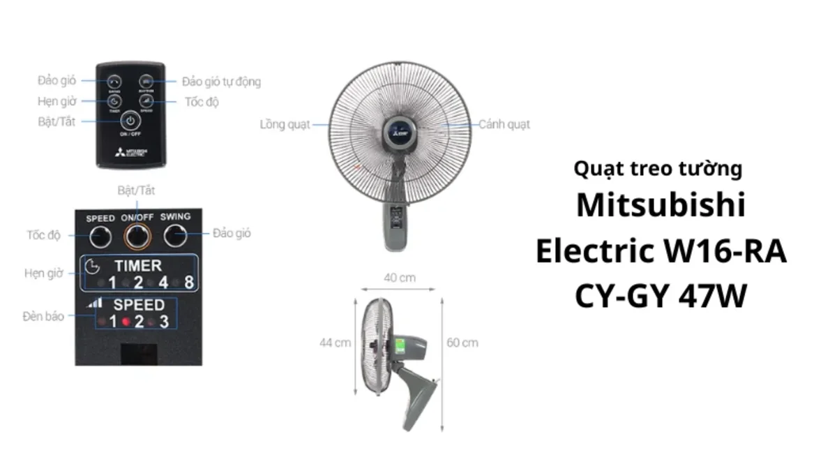 Quạt treo tường Mitsubishi Electric W16-RA CY-GY kèm remote