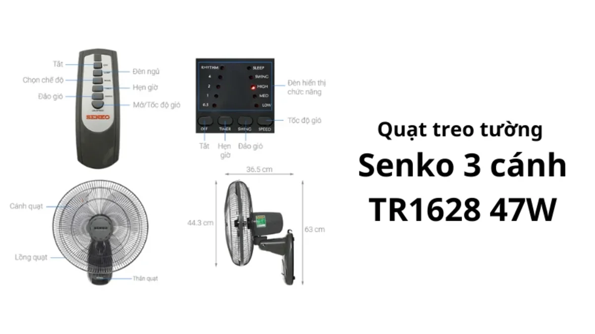 Quạt treo tường Senko TR1628 3 cánh kèm remote