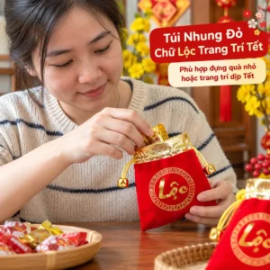 Túi Nhung Đỏ Chữ Lộc Phối Vàng Dây Rút Hai Bên Trang Trí Tết
