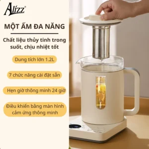 Ấm Đun Nước Đa Năng ALIZZ AL-14206 1,2 L Thân Thủy Tinh, 7 Chế Độ, Hẹn Giờ 24 Giờ, Lõi Lọc Trà