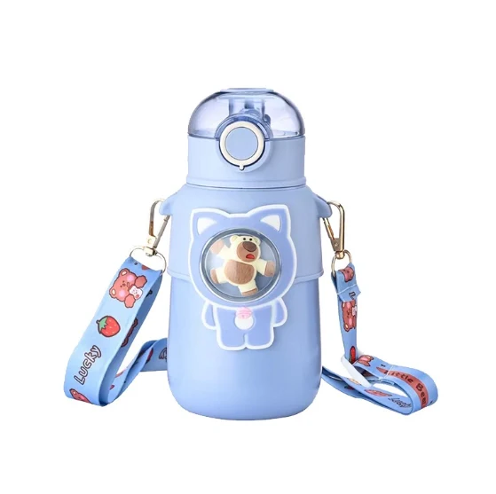 Bình Nước Cho Bé Inox 600 ml Hình Thú Nổi, Nắp Bật Ống Hút, Dây Đeo Vai