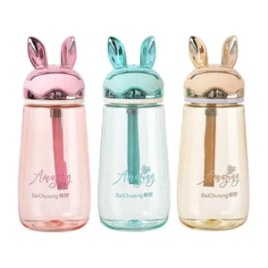 Bình Nước Nhựa 340 ml Nắp Tai Thỏ Có Ống Hút