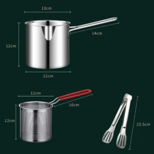 Bộ 3 Dụng Cụ Chiên Inox: Nồi Sâu 1200 ml, Rổ Lưới Lọc Dầu, Kẹp Gắp