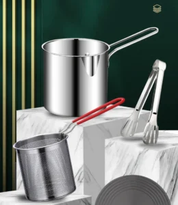 Bộ 3 Dụng Cụ Chiên Inox: Nồi Sâu 1200 ml, Rổ Lưới Lọc Dầu, Kẹp Gắp