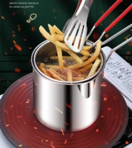 Bộ 3 Dụng Cụ Chiên Inox: Nồi Sâu 1200 ml, Rổ Lưới Lọc Dầu, Kẹp Gắp