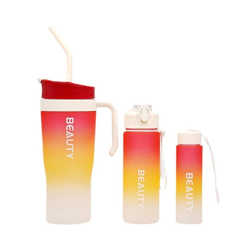 Bộ 3 Ly Bình Nước Nhựa PP Chuyển Sắc 1200 ml, 800 ml, 300 ml Có Tay Cầm Và Ống Hút