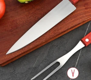 Bộ 3 Món Dao Bếp, Nĩa Xiên Thịt Và Thanh Mài Dao Cán Gỗ, Nặng 206 g