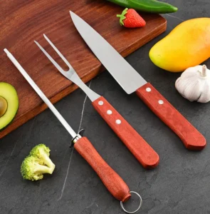 Bộ 3 Món Dao Bếp, Nĩa Xiên Thịt Và Thanh Mài Dao Cán Gỗ, Nặng 206 g
