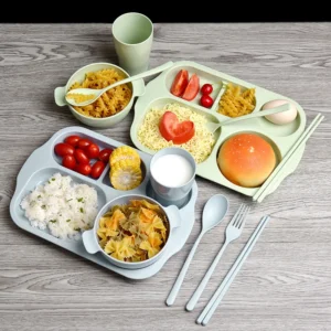 Bộ 6 Món Khay Ăn Dặm Lúa Mạch Cho Bé: Khay Chia Ngăn 30 × 21 cm, Bát, Cốc, Thìa, Đũa, Dĩa