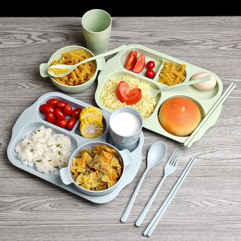Bộ 6 Món Khay Ăn Dặm Lúa Mạch Cho Bé: Khay Chia Ngăn 30 × 21 cm, Bát, Cốc, Thìa, Đũa, Dĩa