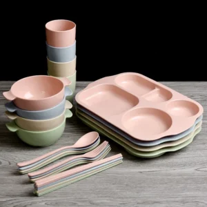 Bộ 6 Món Khay Ăn Dặm Lúa Mạch Cho Bé: Khay Chia Ngăn 30 × 21 cm, Bát, Cốc, Thìa, Đũa, Dĩa