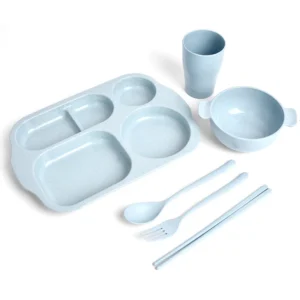 Bộ 6 Món Khay Ăn Dặm Lúa Mạch Cho Bé: Khay Chia Ngăn 30 × 21 cm, Bát, Cốc, Thìa, Đũa, Dĩa