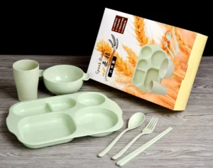 Bộ 6 Món Khay Ăn Dặm Lúa Mạch Cho Bé: Khay Chia Ngăn 30 × 21 cm, Bát, Cốc, Thìa, Đũa, Dĩa
