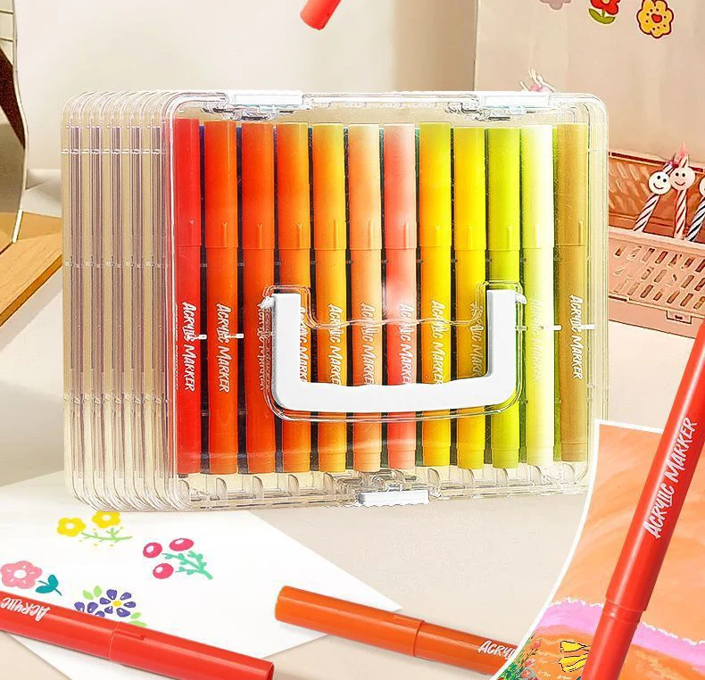Bộ Bút Dạ Màu Acrylic 60 Cây Đầu Mềm Kèm Hộp Đựng Có Quai Xách
