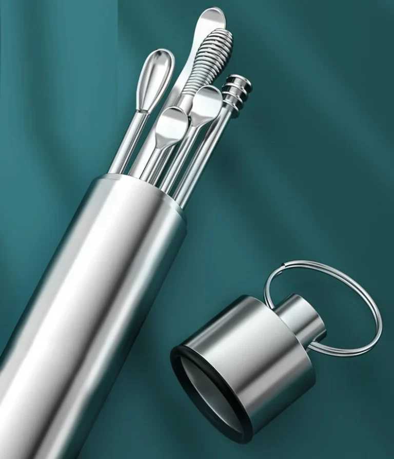Bộ Dụng Cụ Lấy Ráy Tai Inox Nhiều Đầu, Kèm Ống Đựng Có Móc Khóa