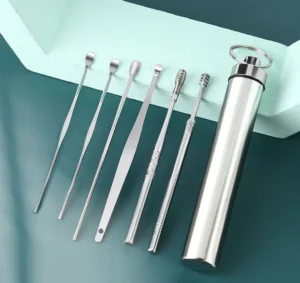 Bộ Dụng Cụ Lấy Ráy Tai Inox Nhiều Đầu, Kèm Ống Đựng Có Móc Khóa