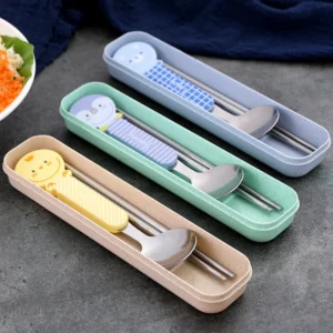 Bộ Muỗng Đũa Inox Cho Bé Tay Cầm Hình Thú, Kèm Hộp Đựng Mang Đi Học
