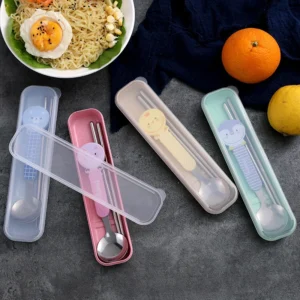 Bộ Muỗng Đũa Inox Cho Bé Tay Cầm Hình Thú, Kèm Hộp Đựng Mang Đi Học