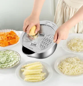 Bộ Nắp Bào Rau Củ Đa Năng Và Bát Vo Gạo Inox 304: Bào Sợi, Bào Lát, Lưỡi Lượn Sóng