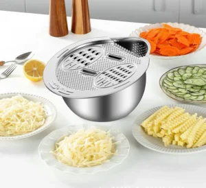 Bộ Nắp Bào Rau Củ Đa Năng Và Bát Vo Gạo Inox 304: Bào Sợi, Bào Lát, Lưỡi Lượn Sóng