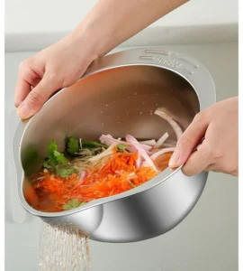 Bộ Nắp Bào Rau Củ Đa Năng Và Bát Vo Gạo Inox 304: Bào Sợi, Bào Lát, Lưỡi Lượn Sóng