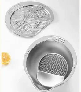 Bộ Nắp Bào Rau Củ Đa Năng Và Bát Vo Gạo Inox 304: Bào Sợi, Bào Lát, Lưỡi Lượn Sóng