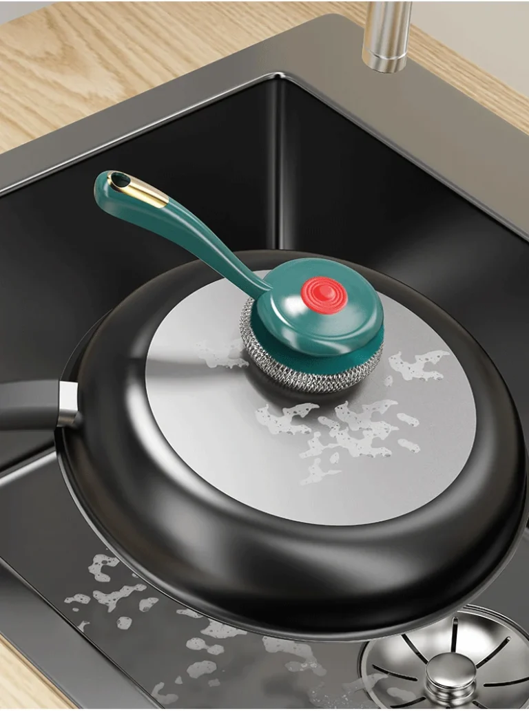 Cây Cọ Rửa Nồi Chảo 2 Trong 1 Đầu Lưới Thép Thay Được, Cán Cong Không Chạm Tay Bẩn