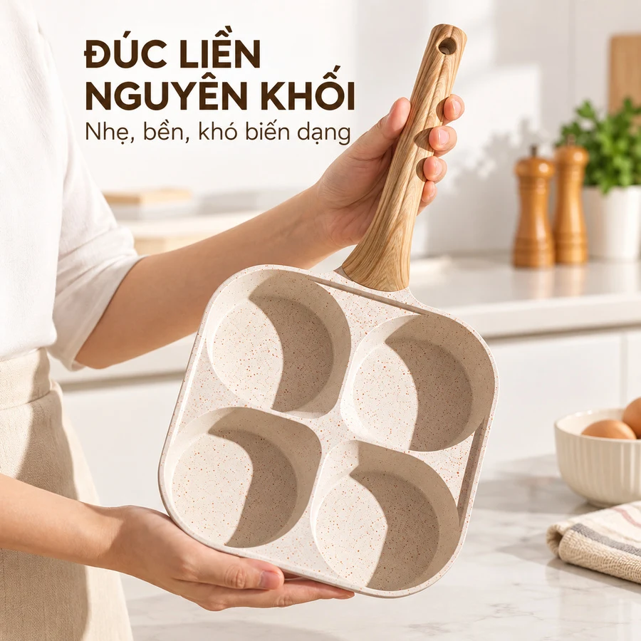 Chảo Chống Dính 4 Ô Vân Đá Sâu 3,5 cm, Tay Cầm Vân Gỗ, Làm Bữa Sáng Nhanh