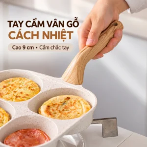 Chảo Chống Dính 4 Ô Vân Đá Sâu 3,5 cm, Tay Cầm Vân Gỗ, Làm Bữa Sáng Nhanh
